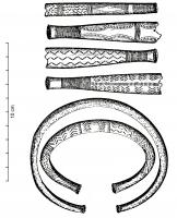 BRC-1174 - Bracelet ouvert à légers tampons bronzeBracelet ouvert à légers tampons; tige massive de section non connue; décor incisé.
