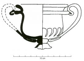 CAN-4001 - CanthareverreCanthare à pied étroit et rapporté, deux anses surélevées et fixées entre le bas de la panse et la lèvre; les anses ne dépassent pas la lèvre; le bas de la panse est godronné à l'aide de plis en relief pincés.