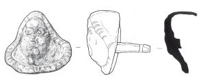 CLD-4058 - Clou décoratif : tête barbuebronzeClou décoratif, arrière creux, coulé avec sa tige de fixation; la face externe représente une tête humaine posée sur une surface trilobée.