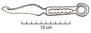 CTO-1026 - Couteau à manche massifbronzeCouteau à manche coulé en même temps que la lame et incrusté de plaquettes de corne ou d'ivoire.