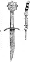 DAG-7002 - DagueferTPQ : 1350 - TAQ : 1400Dague (épée courte) à lame souvent creusée de rainures longitudinales ; longs quillons incurvés, à extrémités bouletées ; pommeau de forme octogonale, ou 