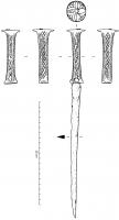 DAG-9004 - Dague : miséricordefer, bronzeTPQ : 1300 - TAQ : 1500Arme de poing, à lame épaisse pourvue d'un seul tranchant ; pommeau et poignée décorés de motifs géométriques.