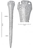 EPE-1009 - Épée à languette large : trapézoïdalebronzeEpée trapue à languette trapézoïdale mal dégagée et percée de deux trous de rivet. La lame, large, présente un important bourrelet axial et les tranchants sont limités par des ressauts