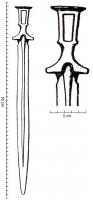EPE-1015 - Épée à languette bipartite : type d' AuvernierbronzeEpée à poignée métallique coulée sur la languette. Le pommeau est constitué de deux calottes elliptiques entre lesquelles se trouve un remplissage de matière organique. La fusée, de section elliptique, présente un évidement sub-rectangulaire rempli de matière organique fixée par 3 rivets. La garde, très large, présente une partie distale droite marquée d'une échancrure axiale en arc. La lame pistilliforme, présente au talon, deux ricassos.