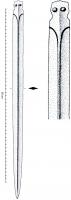 EPE-1023 - Épée à soie plate type RixheimbronzeEpée à soie rectangulaire à deux échancrures et deux trous de rivets ; lame losangique à décor de sillons divergents à la partie supérieure.