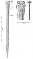 EPE-1035 - Epée à languette à excroissances latéralesbronzeEpée à languette rectangulaire percée de deux trous de rivet et limitée à sa base par deux excroissances latérales. Lame à méplats axiaux.