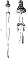 EPE-2001 - Épée du type Mindelheimivoire, ferLongue épée , à lame pistilliforme et pointe biseautée ; pommeau formé d'un cylindre surmonté d'un cône à flancs convexes, en ivoire (ou os) incrusté d'ambre voire d'or (tombe d'Oss, Pays-Bas).