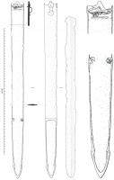 EPE-3021 - Épée celtiqueferEpée à lame losangique et pointe mousse ; fourreau à décor végétal, masqué par une barrette à médaillons ornés d'un décor plastique ; bouterolle triangulaire non ajourée terminée par deux médaillons de même type que ceux de la barrette.