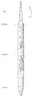 EPE-4032 - Epée courteferEpée à lame courte (comprise entre 30 et 58 cm) et épaulement horizontal caractérisé par des tranchants droits convergents (rarement parallèles) prolongés d'une pointe courte et peu marquée. La section peu être en amande ou losangique.