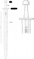 EPE-6002 - Épée à inscription : dédicaceferÉpée à lame inscrite d'une dédicace à un Saint, souvent abrégée ; pommeau hémisphérique.