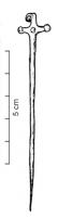 EPG-1056 - Épingle à tête cruciforme (à cabochons)bronzeTPQ : -1800 - TAQ : -1500Epingle à tête plate cruciforme, en tôle martelée, présentant sur la branche horizontale de deux à sept bossettes obtenues au repoussé ; le sommet forme un enroulement et la tige, plate au sommet, revient progressivement à une section ronde.