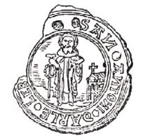 ESP-7079 - Enseigne de pèlerinage : saint Antoine de MontmajourplombEnseigne circulaire : saint Antoine debout, appuyé sur le tau devant une église surmontée d'une croix ; autour : SAN.ANTONI.DARLE.LEB[LANC].