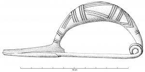 FIB-2584 - Fibule a navicellabronzeTPQ : -660 - TAQ : -640Fibule à arc cintré, renflé et ouvert par-dessous (en forme de barque