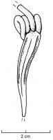 FIB-3030 - Fibule de Nauheim 5a16bronzeTPQ : -120 - TAQ : -50Ressort à 4 spires et corde interne; arc plat, triangulaire et tendu; porte-ardillon trapézoïdal ajouré); arc orné de deux échelles convergentes séparées par une incision médiane.