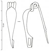 FIB-3117 - Fibule de type unguiformebronzeTPQ : -50 - TAQ : -15Fibule dont l'arc, creux par dessous, s'évase en forme d'ongle, de goutte ou parfois de médaillon circulaire ; ressort bilatéral à 4 spires, corde interne. La cupule de l'arc peut être en calotte de sphère, ou étirée en forme de goutte vers le pied ; dans le premier cas, on trouve occasionnellement un décor de sillons médians. Le pied est souvent pourvu d'un petit bouton transversal, comme les variantes les plus précoces du type F.22a.