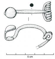 FIB-3524 - Fibule à timbale sur le piedbronzeFibule à arc plus ou moins en anse de panier (section variable), ressort 