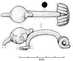 FIB-3539 - Fibule laténienne à pied redresséferFibule en fer, arc en anse de panier et ressort court à 6 spires, corde externe sans axe ; le pied redressé se termine par un très gros bouton mouluré, posé sur l'arc, qui caractérise cette forme particulière.