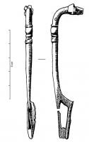 FIB-3860 - Fibule de type Trumpet-headbronzeTPQ : -120 - TAQ : -30Fibule caractéristée par un élargissement de l'arc à la tête, juste avant le début des spires du ressort; arc filiforme, tendu et souvent interrompu par une moulure ou des incisions transversales; porte-ardillon trapézoïdal plein, ajouré ou fenestré; ressort à 4 spires et corde interne.