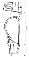 FIB-41392 - Fibule de type Orvieto, var. 2bronzeTPQ : -20 - TAQ : 10Fibule à charnière, arc triangulaire plat, creusé d'un à trois ajours médians, souvent accompagnés de sillons incisés; porte-ardillon trapézoïdal plein, terminé par un pied en forme de tête d'anatidé, replié en direction de l'arc; charnière repliée vers l'extérieur.