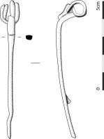 FIB-41555 - Fibule à corde externebronzeFibule à ressort à quatre ou six spires et corde externe. L'arc, de section rectangulaire, présente la même forme que les fibules à plaquettes, sans posséder ces dernières. Porte-ardillon ajouré.