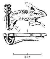 FIB-4345 - Fibule zoomorphe : lièvrebronzeFibule en forme de lièvre à droite, non émaillé, le corps simplement orné de deux lignes d'incision 'a tremolo'; sous l'arrière-train, large ressort débordant de part et d'autre.