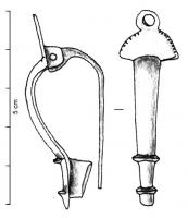 FIB-4441 - Fibule type Böhme....bronzeFibule à charnière (deux plaquette coulées sous la tête), à plaque de tête hémicirculaire terminée par un anneau ; arc de section semi-vale, moulures sur le pied et bouton terminal.