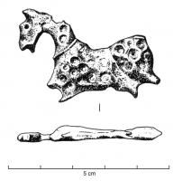 FIB-4620 - Fibule zoomorphe : chevalbronzeFibule zoomorphe en forme de cheval à gauche, rêne sur l'encolure, le corps couvert de petits cercles émaillés, un autre pour l'œil.
