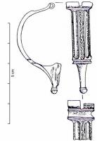 FIB-4769 - Fibule dérivée d'AucissabronzeFibule dérivée du type d'Aucissa (charnière, arc en demi-cercle, pied coudé terminé par un bouton mouluré) a arc plat à bords lisses, décor central de l'arc constitué d'une ligne verticale ondée ou perlée, prise entre deux nervures lisses.