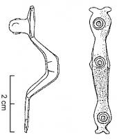 FIB-5212 - Fibule mérovingienne ansée symétriquebronzeExtrémités ovales pourvues de deux petits crochets. Anse massive en forme de 