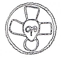 FIB-6134 - Fibule circulaire émaillée : HeiligenfibelbronzeTPQ : 950 - TAQ : 1050Fibule circulaire dont le décor émaillé figure un buste (de saint), parfois deux, dans certains cas à peine reconnaissable(s).