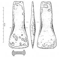 HCH-1127 - Hache à rebords partiels et constriction médiane : type roussillonnaisbronzeTPQ : -1500 - TAQ : -1350Hache trapue, à rebords moyens limités à sa partie médiane. Une légère constriction marque le niveau où les rebords sont les pus hauts. Les bords divergent régulièrement de la constriction jusqu'au tranchant subtrapézoïdal.