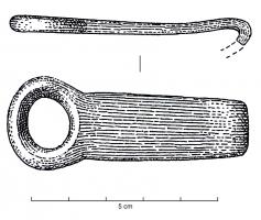 IND-1064 - Agrafe ou pendeloquebronzePlaque subrectangulaire dont une extrémité est prolongée par un large anneau débordant et l'autre est recourbée en crochet.