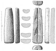 MOU-1016 - Moule : pointe de flèchepierreMoule de forme subrectangulaire pour deux pointes de flèche à ailerons et pédondule coulées bout à bout.