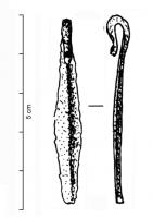 PDH-4044 - Pendant de harnais à crochetbronzeTPQ : 1 - TAQ : 100Pendant de harnais à crochet, à corps effilé marqué d'une arête médiane; lest en bulbe d'oignon.