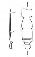 PDH-4083 - Extrémité de lanièrebronzeTPQ : 50 - TAQ : 100Pendant enserrant l'extrémité d'une lanière, prolongée ici par un bouton en forme d'oignon en guise de lest; la fixation sur le cuir est assurée par une languette et un rivet; éventuellement, décor de type végétal sur feuille d'argent.