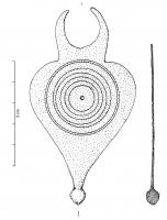 PDH-4109 - Pendant de harnais à anneaubronzeTPQ : 1 - TAQ : 100Pendant de harnais à anneau plat, dans le plan de l'objet;  forme générale foliacée, avec un décor de cercles concentriques incisés; lest conique à la base.