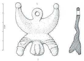 PDH-4111 - Pendant de harnais phalliquebronzeTPQ : -10 - TAQ : 250Pendant coulé, symétrique, en trois parties superposées : une lunule, pointes relevées, avec au centre un anneau de suspension ; une lunule inversée et composées de deux phallus en érection; au centre, l'objet se termine par une représentation de parties génitales masculines au repos.