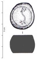 PDS-4494 - Poids sphérique (section) : 1 semunciapierrePoids en pierre dure, en section de sphère plus ou moins aplatie; marqué d'un S (pour 1 demi-once, ou semuncia).