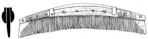 PGN-6010 - Peigne à rivets de bronze (Ashby 9)osTPQ : 1025 - TAQ : 1300Peigne à une rangée de dents, constituées par des éléments juxtaposés et fixés par deux barres plano-convexes, le plus souvent sans décor, maintenues par des rivets de bronze. Les barres suivenet la courbe arrondie du dos.