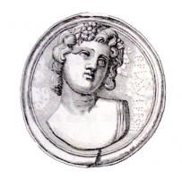 PHA-4018 - Phalère : tête de Satyrebronze, plomb, argentPhalère à décor figuré : buste d'homme jeune, la tête penchée sur le côté, chevelures en mèches encadrant le visage, avec des grappes de raisin.