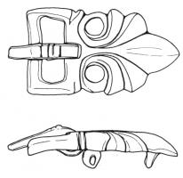 PLB-5183 - Plaque-boucle rigidebronzeTPQ : 580 - TAQ : 640Plaque-boucle non articulée, à boucle rectangulaire encochée pour le repos d'ardillon ; la plaque est allongée, découpée en forme de palmette avec deux ajours au contact de la boucle ; au revers, bélières coulées permettant de fixer la boucle sur la ceinture.