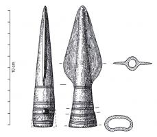 PTL-1013 - Pointe de lance à douille longuebronzePetite pointe de lance (longueur totale inférieure à 12 cm), à douille longue, décorée d'incisions.