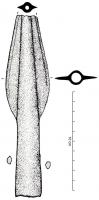PTL-1020 - Pointe de lance à douille longuebronzeTPQ : -1300 - TAQ : -1100Grande pointe de lance (longueur totale comprise entre 20 et 37 cm), inornée, à douille longue, à deux perforations latérales.