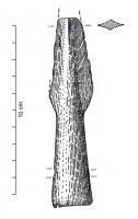 PTL-1045 - Pointe de lance à douille longuebronzeTPQ : -1200 - TAQ : -800Pointe de lance inornée, de taille moyenne (longueur totale comprise entre 12 et 20 cm), à douille longue partiellement carénée vers la pointe.