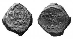 SCL-9032 - Sceau de gabelle : Salins de PécaisplombTPQ : 1737 - TAQ : 1795Sceau à double face; d'un côté, dans un cercle perlé, inscription SALINS / DE / PECAIS.