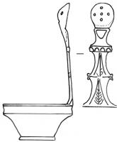 SPL-4001 - Simpulum de type AislingenbronzeTPQ : 15 - TAQ : 100Vasque à profil tronconique, lèvre verticale (fréquemment soulignée d'une ligne d'oves),  fond annulaire creusé de cercles au tour au revers ; manche orné de festons, décor incisé souvent exubérant; à l'extrémité supérieure, cuilleron percé.