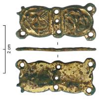 ACE-5028 - Applique de ceinturebronze doréApplique en bronze doré avec en décor, de chaque coté de la ligne de rivets perpendiculaire au sens de la plaque, un animal stylisé.