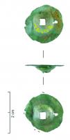 APM-3001 - Applique de meublebronzeApplique circulaire constituée d'un disque de tôle de bronze embouti pour former un creusement hémisphérique et percé d'une ouverture carrée en son centre dans laquelle était passé un clou d'assujettissement.