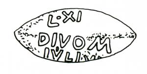 BAL-3013 - Balle de fronde : L.XI / DIVOM / IVLI…plombBalle de fronde coulée dans un moule, inscription en relief : L.XI / DIVOM / IVLI….