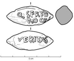 BAL-3120 - Balle de fronde : Q.SERTORI / PROCOSplombBalle de fronde moulée, avec une inscription moulée : Q•SERTORI / PROCOS, parfois avec en plus VERITAS.